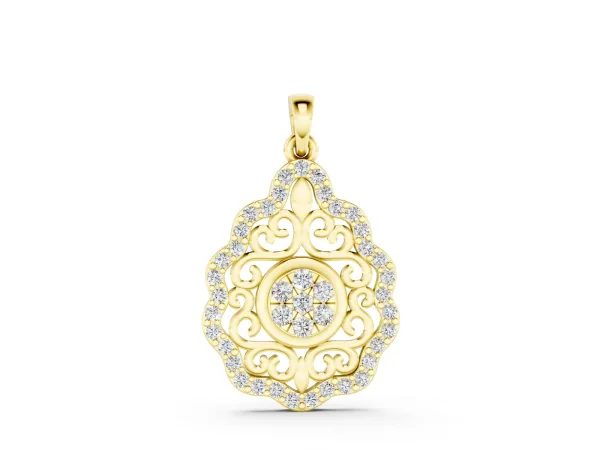 Round Diamond Halo Pendant with Filigree Design Yellow gold
