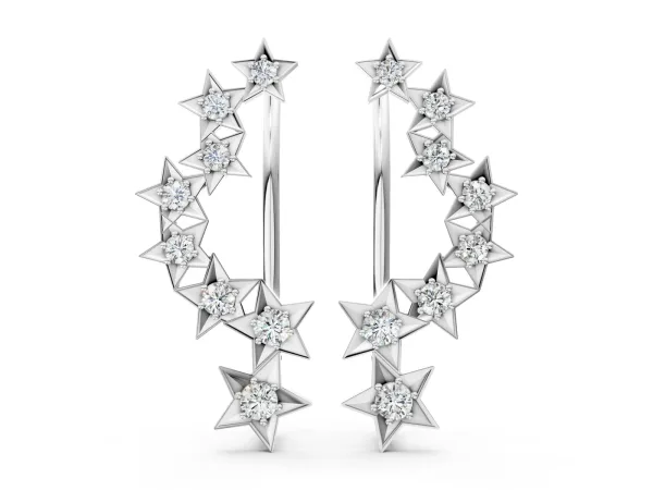 Star Cluster Diamond Crescent Earrings with Round Cut Stones on a Curved Band and Prong Setting White gold