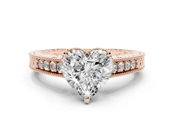 Heart Cut Solitaire Pavé Diamond Milgrain Engagement Ring with Four-Prong Setting Rose gold