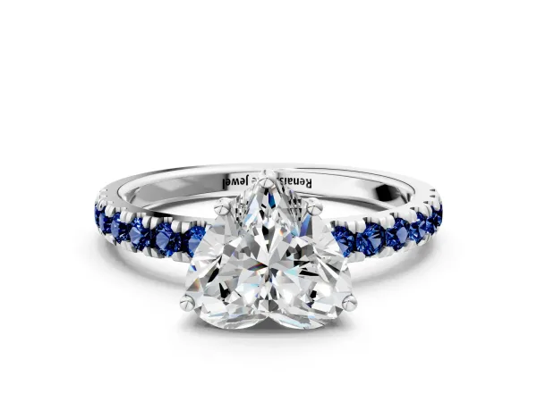 Heart Cut Diamond Pave Band Solitaire Ring with Round Blue Sapphire and Prong Setting Platinum