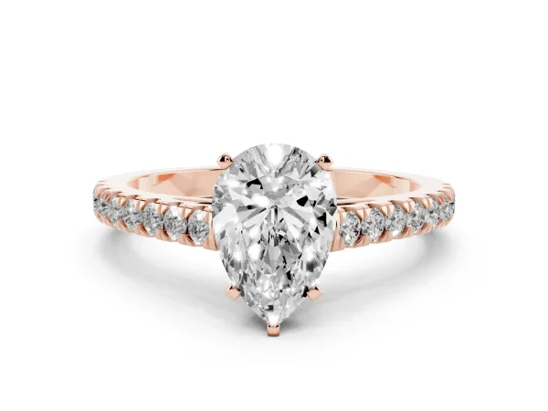 Pear Cut Cut Solitaire Diamond Ring with Pave Band and Four-Prong Setting Rose gold