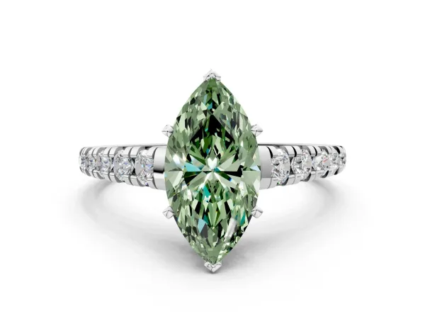 Fancy Green Marquise Cut Diamond Cathedral Solitaire Ring with Round Pavé Band White gold