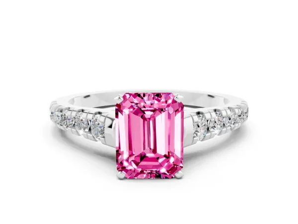 Emerald Cut Pink Sapphire Cathedral Solitaire Ring with Round Pavé Band White gold