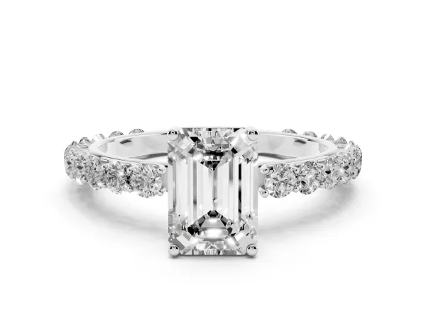 Emerald Cut Cut Diamond Solitaire Ring with U-Prong Diamond Band and Four Prong Setting White gold