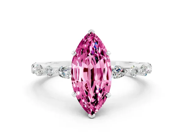 Marquise Cut Pink Sapphire Ring with Marquise and Round Side Stones and Four-Prong Setting White gold