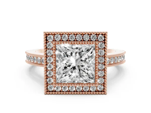 Princess Cut Cut Halo Diamond Ring with Pavé Band and Milgrain Prong Setting Rose gold
