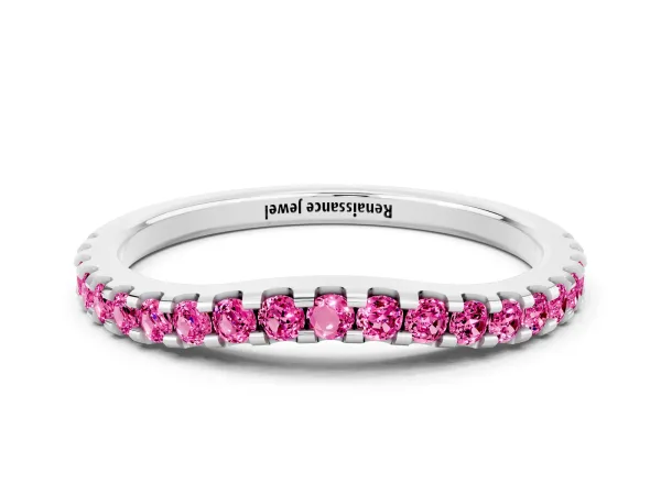 Round Pink Sapphire Pavé Curved Wedding Band Platinum