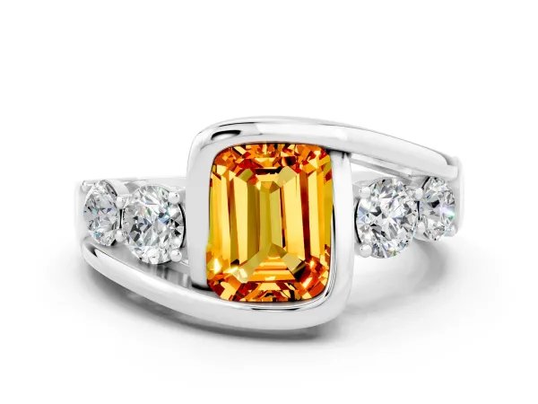 Bezel Set Emerald Cut Citrine Bypass Ring with Round Accents Platinum
