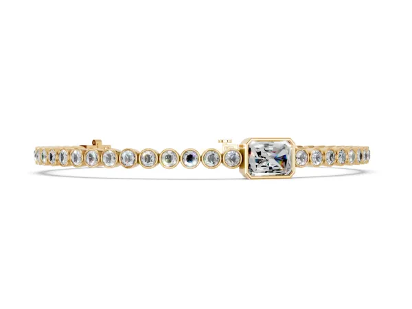 Bezel-Set Round Diamond Tennis Bracelet with Radiant Center Diamond Yellow gold
