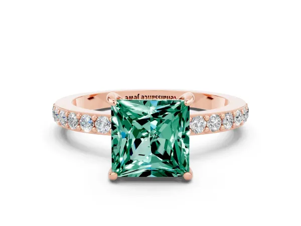 Princess Cut Green Sapphire Solitaire Engagement Ring with Pavé Band and Four-Prong Setting Rose gold