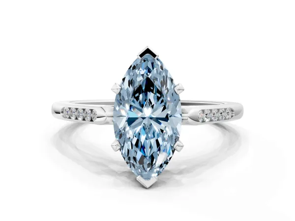 Fancy Blue Marquise Cut Diamond Solitaire Ring with Channel Set Round Band and Prong Setting White gold