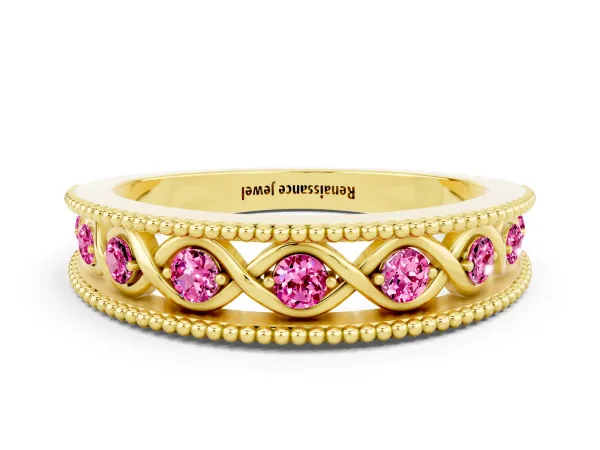 Round Pink Sapphire Twist Milgrain Band with Bezel Setting Yellow gold