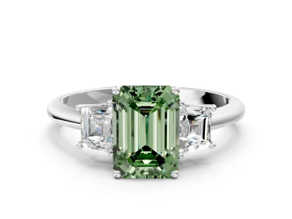 Fancy Green Emerald Cut Diamond Three-Stone Ring with Trapezoid Side Stones and Prong Setting Platinum