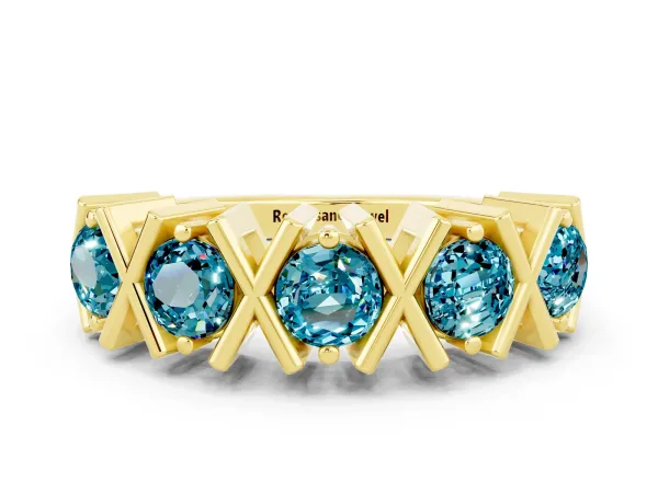 Round Blue Topaz Channel Set Band with X-Prong Detail Yellow gold