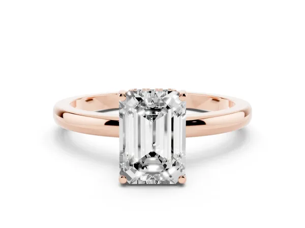 Emerald Cut Solitaire Diamond Ring with Prong Setting and Plain Band Rose gold