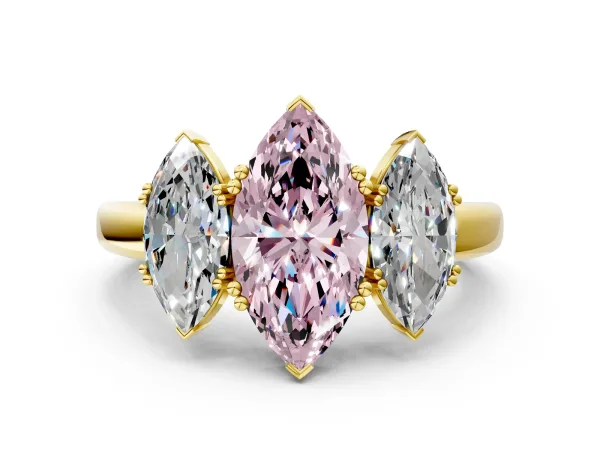 Fancy Pink Three-Stone Marquise Cut Cut Diamond Ring with Channel Set Band and Four-Prong Setting Yellow gold