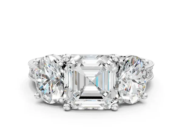 Three-Stone Asscher Cut Diamond Milgrain Pave Band with Prong Setting Platinum