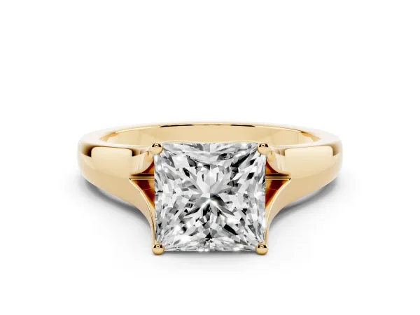 Princess Cut Solitaire Diamond Ring with Cathedral Band and Four-Prong Setting Yellow gold