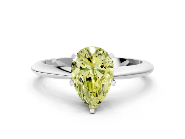 Fancy Yellow Pear Cut Diamond Solitaire Engagement Ring with Classic Band and Four-Prong Setting Platinum
