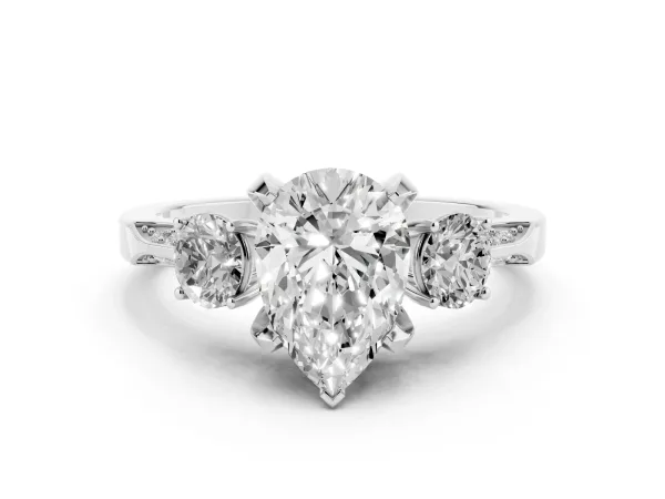 Pear Cut Brilliant Three-Stone Diamond Ring with Pavé Band and Four-Prong Setting Platinum