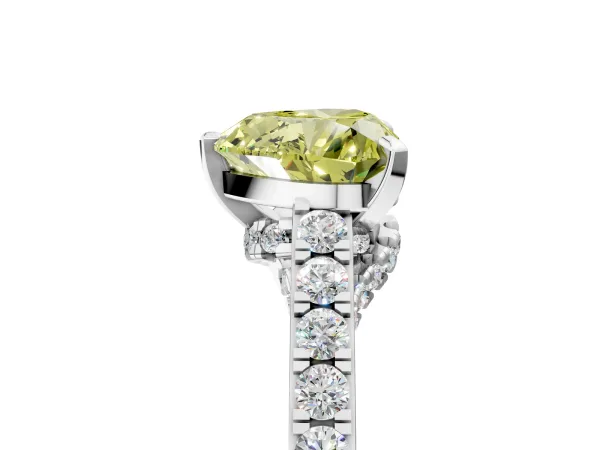 Fancy Yellow Heart Cut Diamond Solitaire Ring with Crossover Gallery and Round Pavé Band White gold
