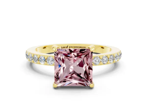 Princess Cut Morganite Solitaire Engagement Ring with Pavé Band and Four-Prong Setting Yellow gold