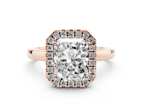 Radiant Cut Halo Diamond Solitaire with Pavé Band and Four-Prong Setting Rose gold