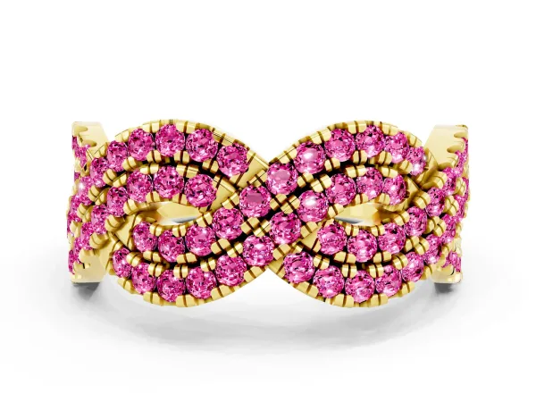 Pavé Round Pink Sapphire Infinity Twist Band with Shared Prong Setting Yellow gold