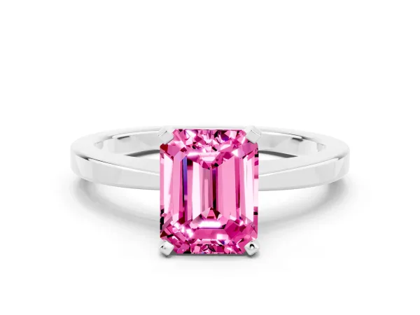 Emerald Cut Pink Sapphire Solitaire Engagement Ring with Classic Band and Four-Prong Setting Silver