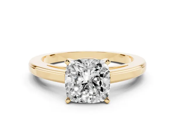 Cushion Cut Solitaire Diamond Ring with Four-Prong Setting and Classic Band Yellow gold