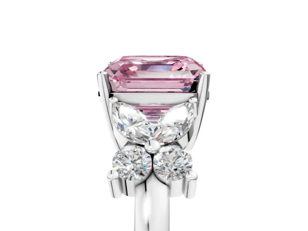 Fancy Pink Asscher Cut Diamond Floral Cluster Ring with Solitaire Band and Prong Setting Platinum