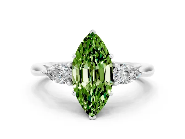 Marquise Cut Peridot Three-Stone Ring with Pear Side Stones and Prong Setting White gold