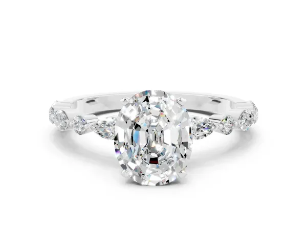 Oval Cut Moissanite Ring with Marquise and Round Side Stones and Four-Prong Setting White gold