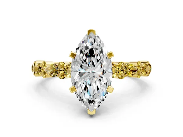 Marquise Cut Diamond Side Stone Solitaire Ring with Round Yellow Sapphire and Four-Prong Setting Yellow gold