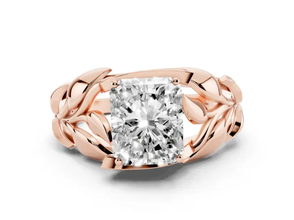 Radiant Cut Diamond Leaf-Inspired Engagement Ring with Round Accents and Prong Setting Rose gold