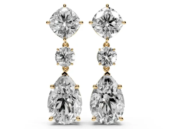 Cushion, Round and Pear Diamond Three-Stone Drop Earrings Yellow gold