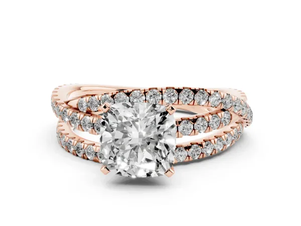 Cushion Cut Solitaire Twist Band with Pavé Setting and Four-Prong Setting Rose gold