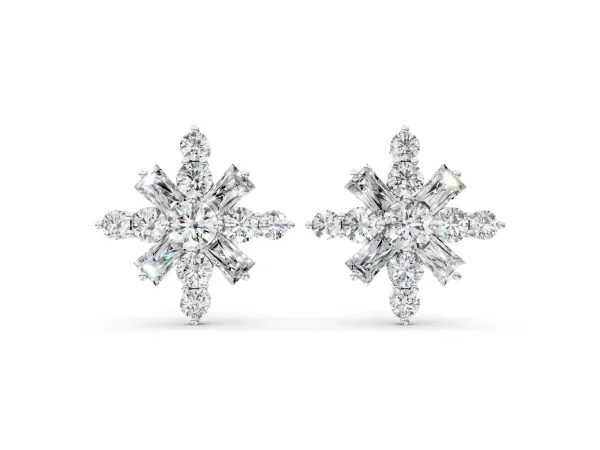 Round Cut Diamond Snowflake Cluster Stud Earrings Silver