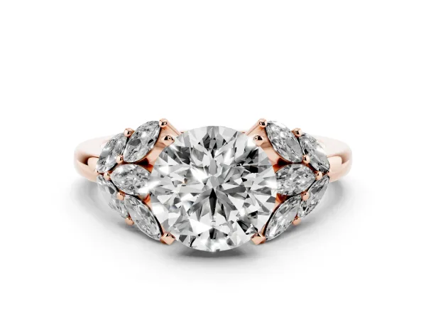 Round Cut Diamond Cluster Leaf Design Ring with Prong Setting Rose gold