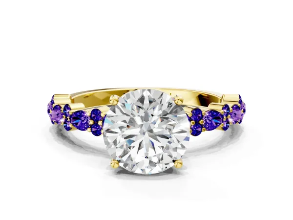 Round Cut Diamond Side Stone Solitaire Ring with Round Tanzanite and Four-Prong Setting Yellow gold