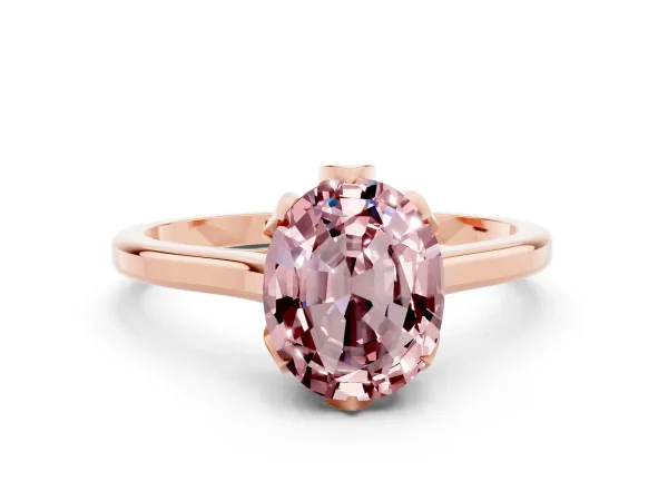 Oval Cut Morganite Solitaire Ring with Flower Prong Setting and Classic Band Rose gold