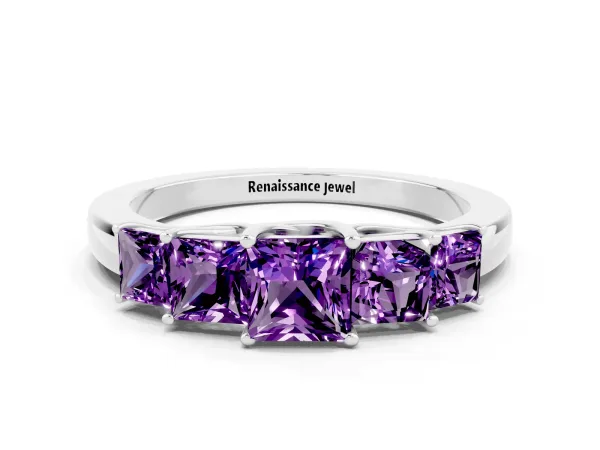 Princess Cut Five-Stone Amethyst Ring with Classic Prong Setting Platinum