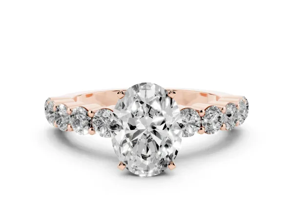 Oval Cut Diamond Solitaire Ring with Shared Prong Round Side Stones Rose gold