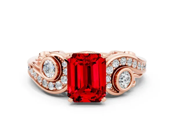 Emerald Cut Ruby Solitaire Ring with Milgrain Pavé Band and Four-Prong Setting Rose gold