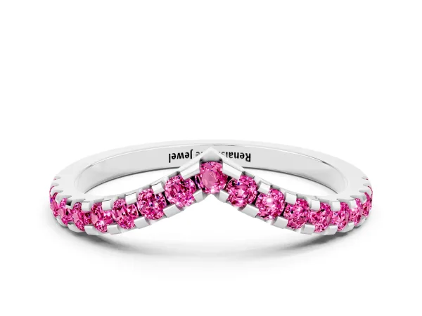 Pavé Round Pink Sapphire Chevron Band with Shared Prong Setting Platinum