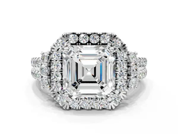 Asscher Cut Cut Double Halo Diamond Engagement Ring with Pave Band and Four-Prong Setting Platinum