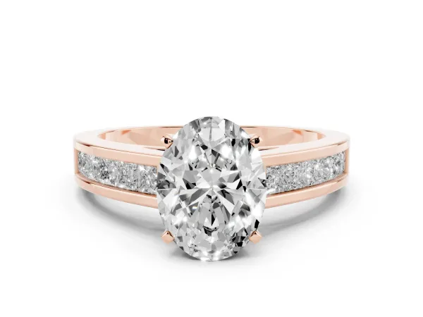 Oval Cut Solitaire Diamond Ring with Channel-Set Band and Four-Prong Setting Rose gold