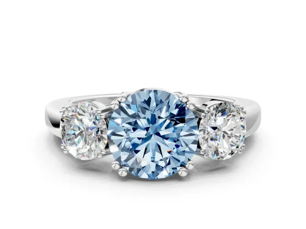 Fancy Blue Three-Stone Round Cut Cut Diamond Ring with Channel Set Band and Four-Prong Setting Silver