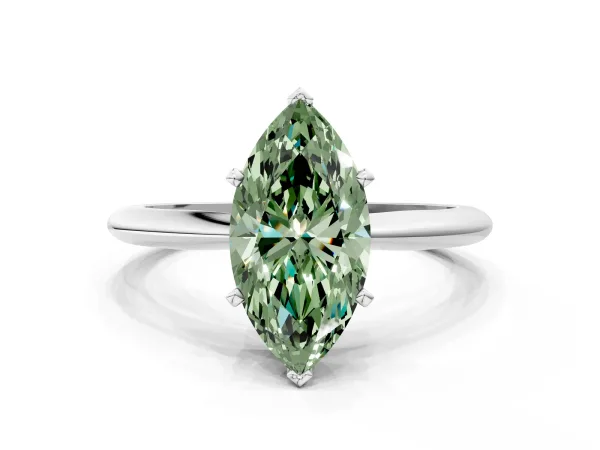 Fancy Green Marquise Cut Diamond Solitaire Engagement Ring with Classic Band and Four-Prong Setting Silver