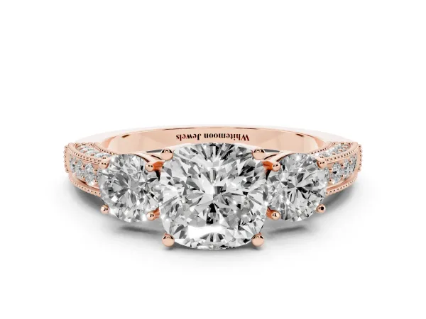 Cushion Cut Three-Stone Diamond Ring with Pavé Band and Four-Prong Setting Rose gold